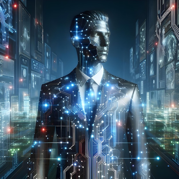 Professional AI development team workspace with modern tech equipment